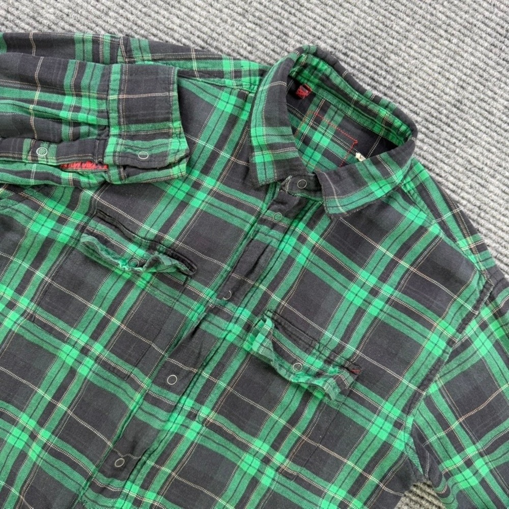 Altamont Mens Medium Plaid Flannel Shirt Jacket Green Black Distressed Zip Front